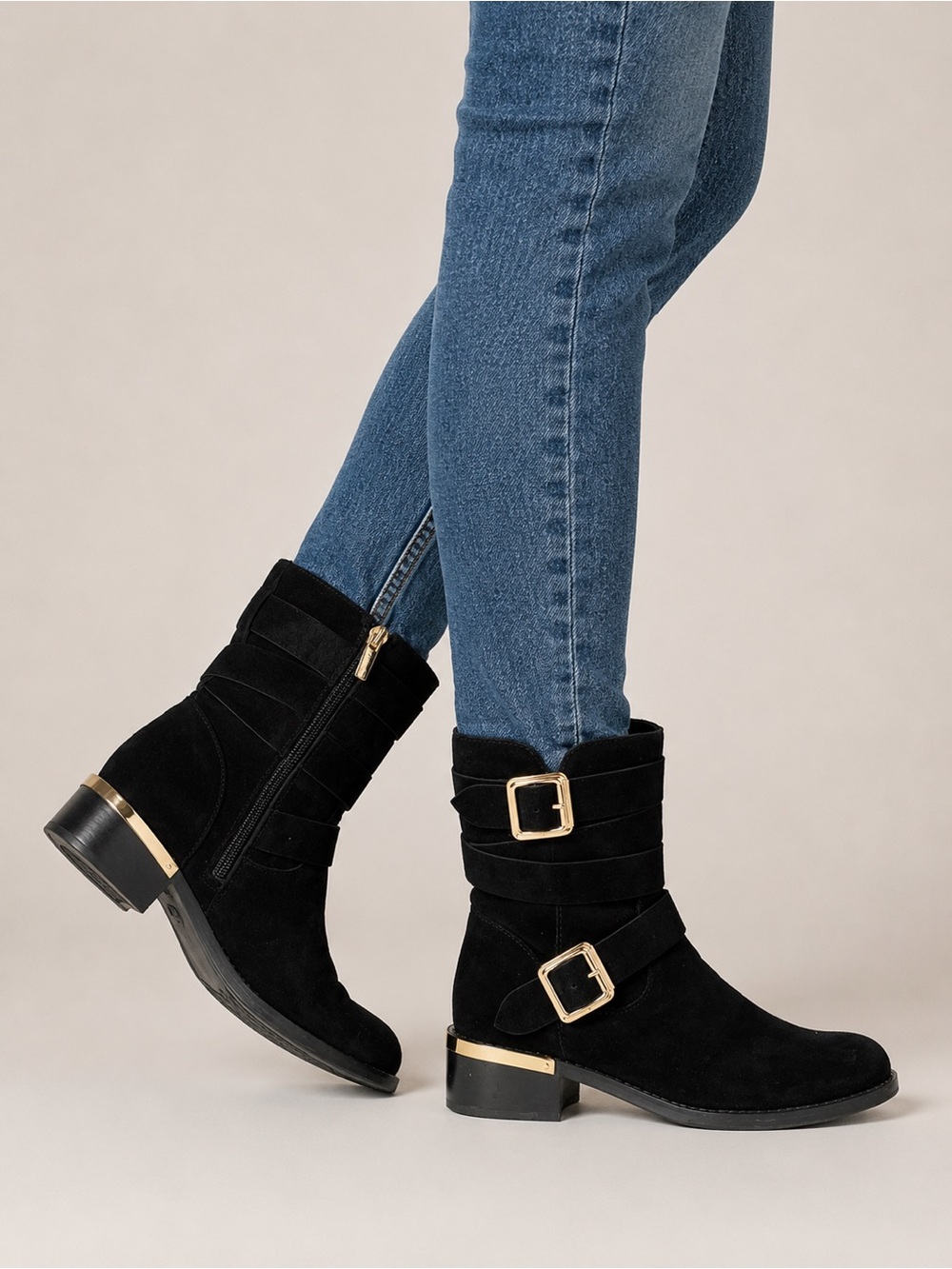 Vince Camuto Webey Black Suede Moto Ankle Boots Gold Buckle Booties size 6